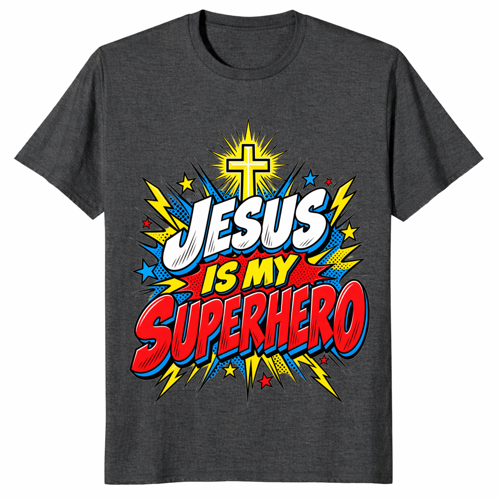 Jesus superhero shirt, bold faith slogan graphic T-shirt