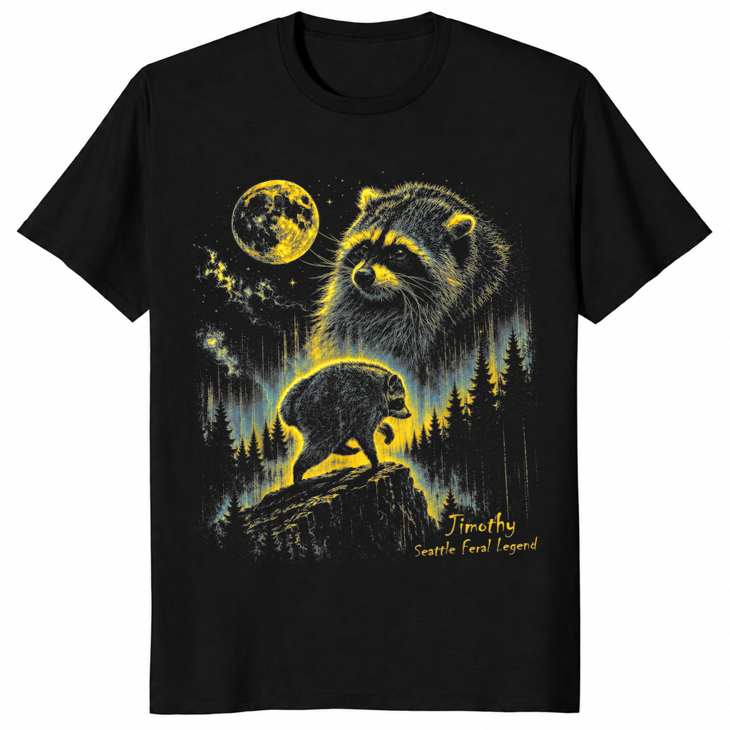 Jimothy raccoon shirt in black unisex cotton tee