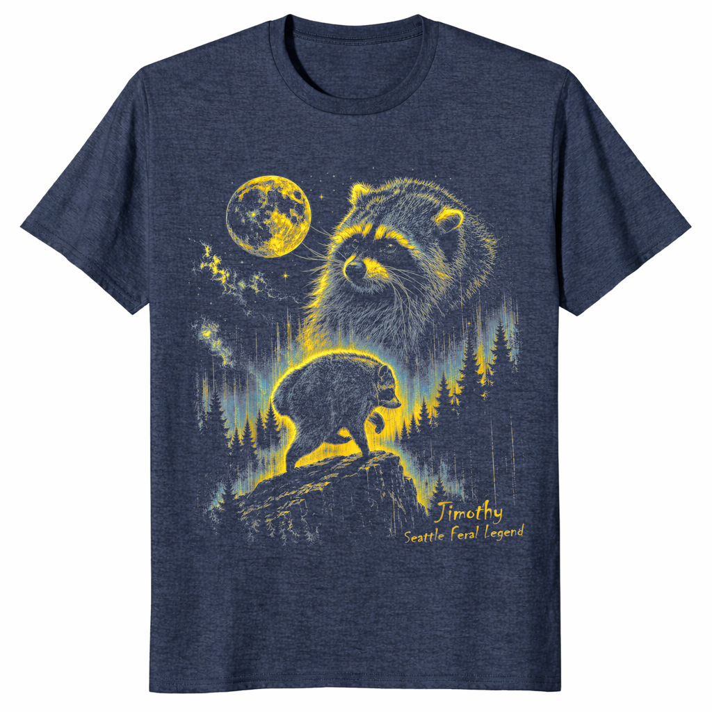 Jimothy raccoon shirt in heather navy unisex cotton tee