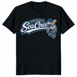 Juno Beach Sea Cows Baseball Manatee Shirt in black with coastal mascot design