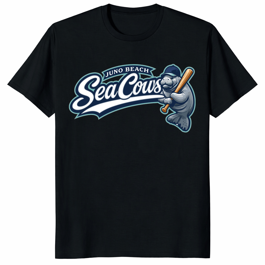 Juno Beach Sea Cows Baseball Manatee Shirt in black with coastal mascot design