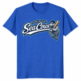 Baseball manatee shirt with Juno Beach Sea Cows graphic on blue tee