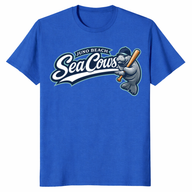 Baseball manatee shirt with Juno Beach Sea Cows graphic on blue tee