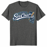 Baseball manatee shirt with Juno Beach Sea Cows graphic on dark heather tee