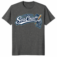 Baseball manatee shirt with Juno Beach Sea Cows graphic on dark heather tee