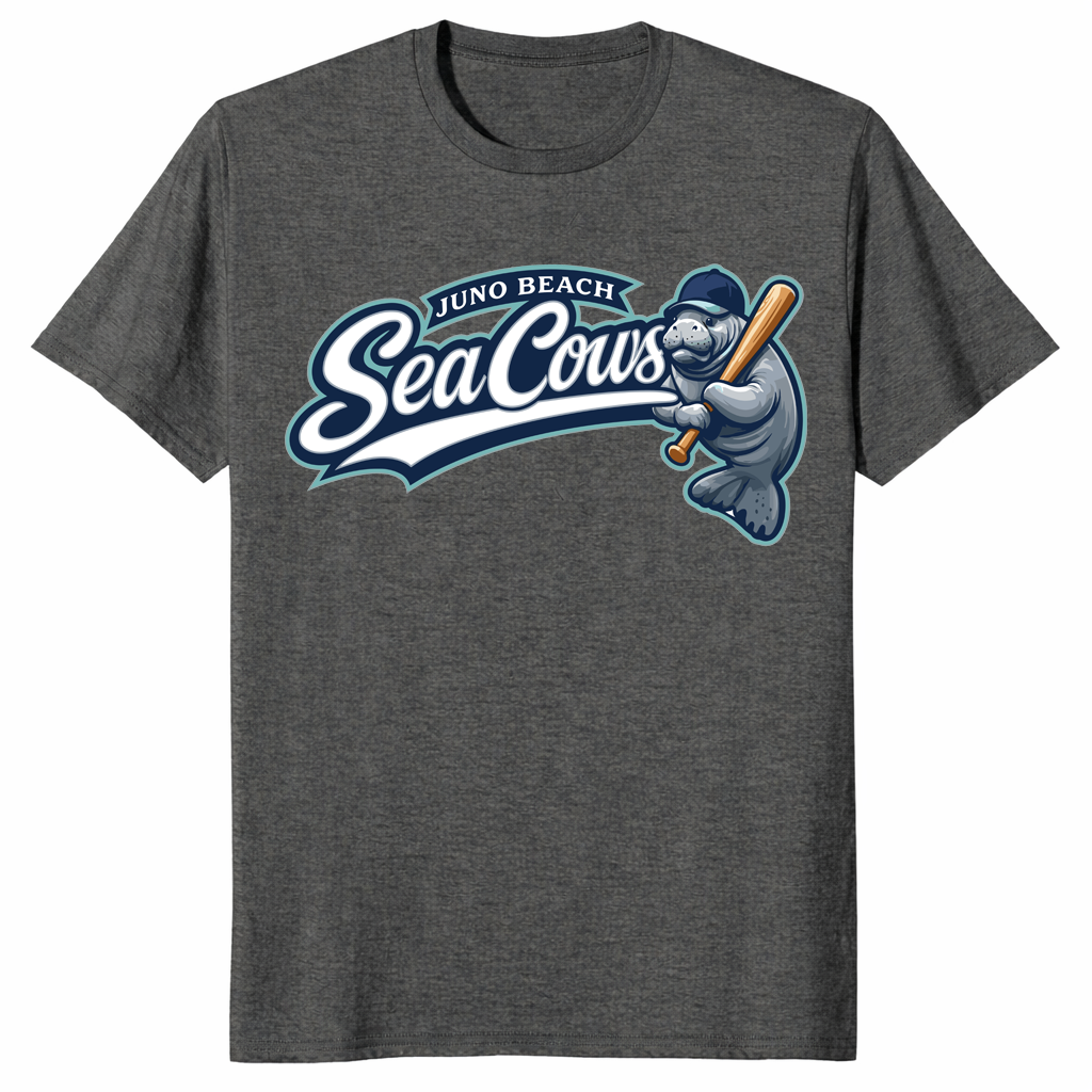 Baseball manatee shirt with Juno Beach Sea Cows graphic on dark heather tee