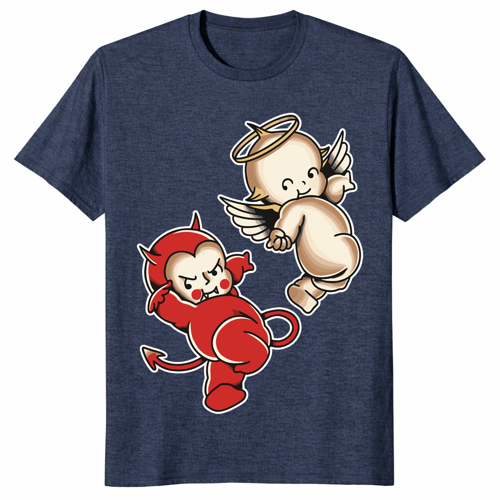 Close-up of Kewpie baby angel and devil cherub graphic tee design