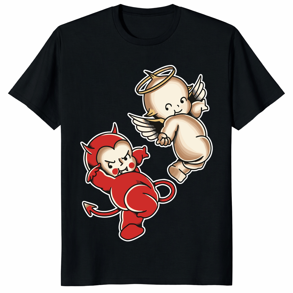 Kewpie Baby Devil Angel Cherubs shirt with cute angel and devil baby graphic