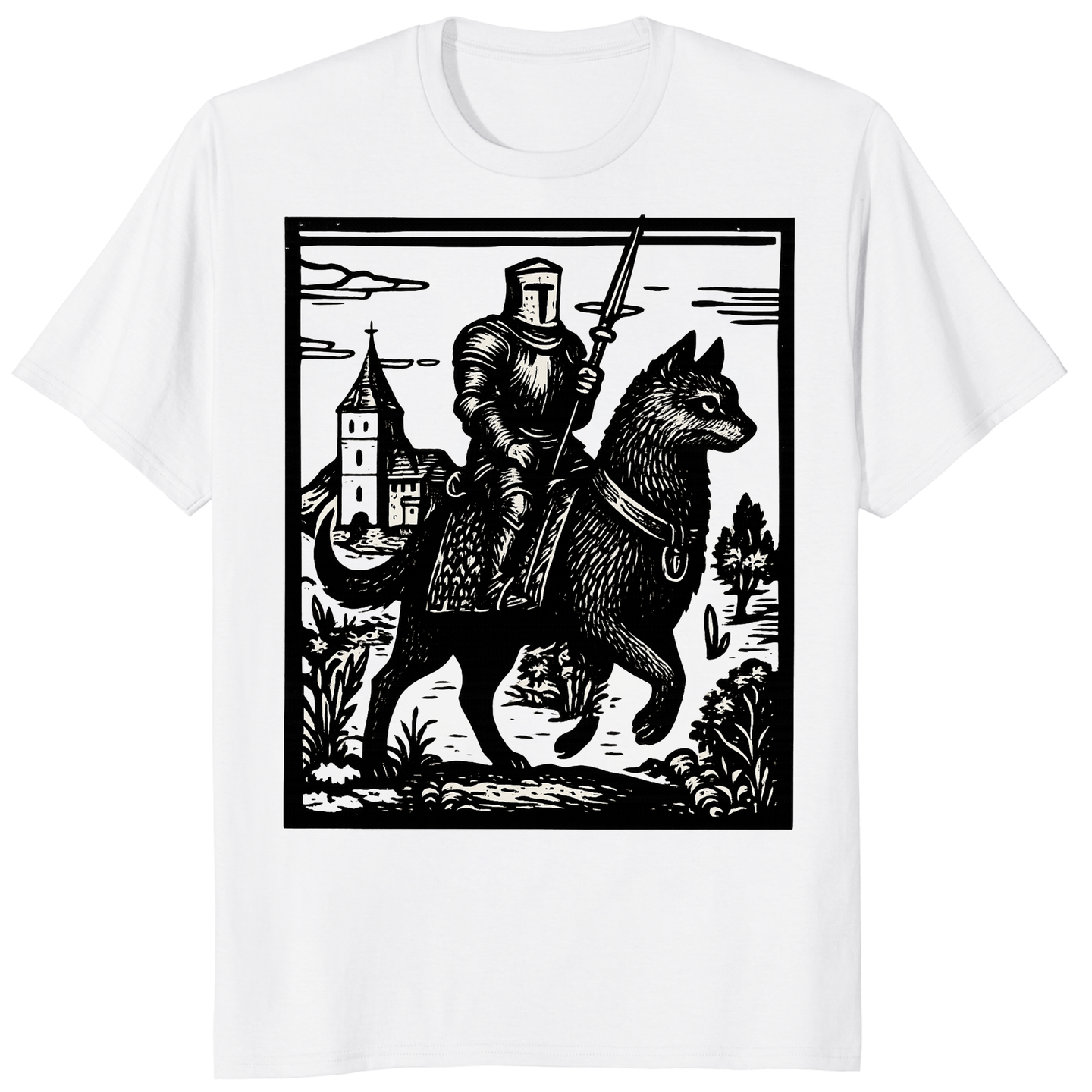 Knight Cat Rider Vintage T-Shirt in White color by Cuccico – Retro Medieval Cat Tee