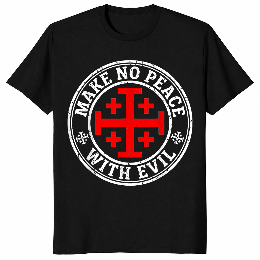 Black Knight Templar shirt with a Jerusalem cross and Make No Peace with Evil slogan