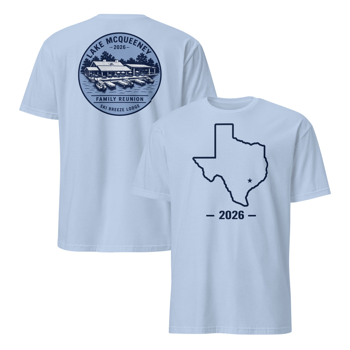 Lake McQueen 2026 Family Reunion Shirt Light Blue – Ski Breeze Lodge Tee