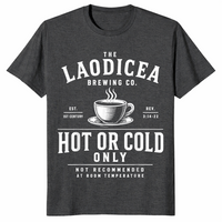 Laodicea Brewing Co shirt in dark heather grey unisex cotton tee