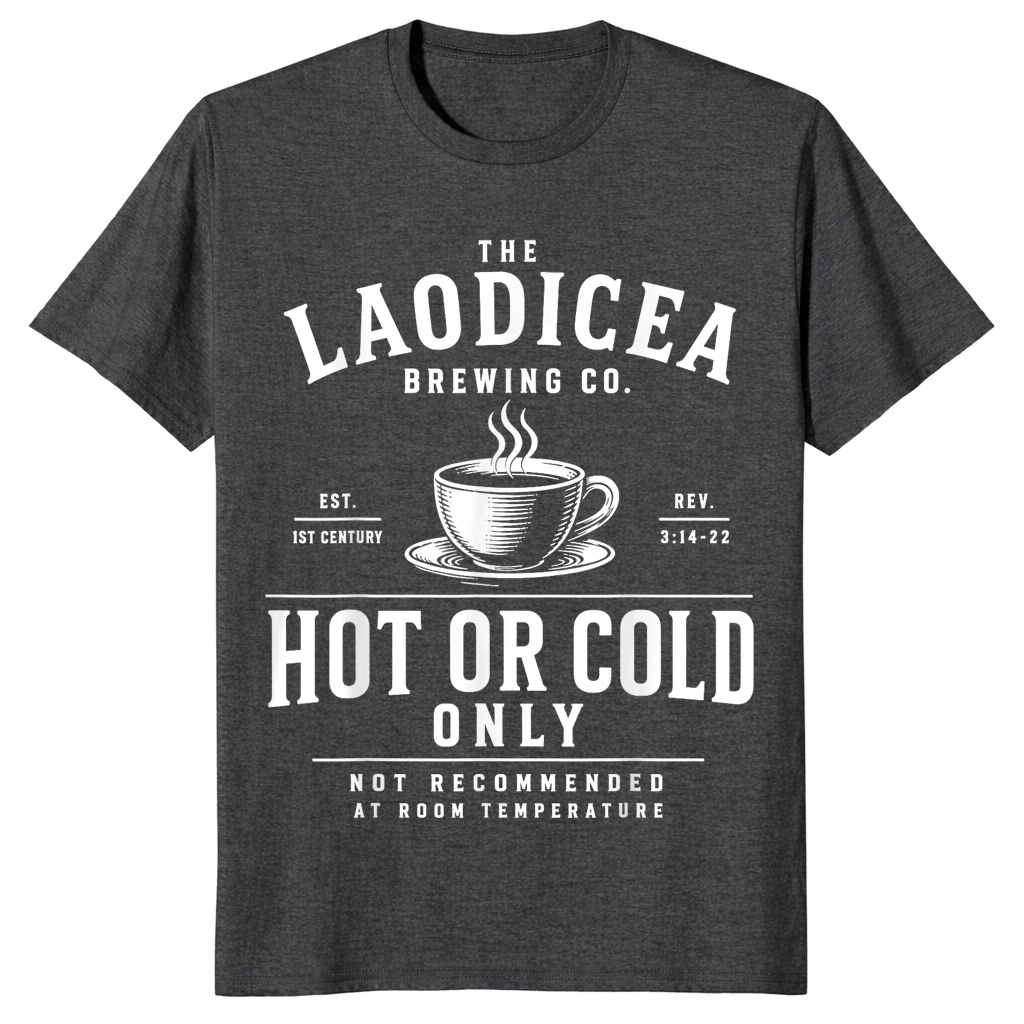 Laodicea Brewing Co shirt in dark heather grey unisex cotton tee