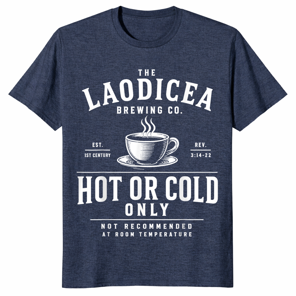 Laodicea Brewing Co shirt in heather navy unisex cotton tee