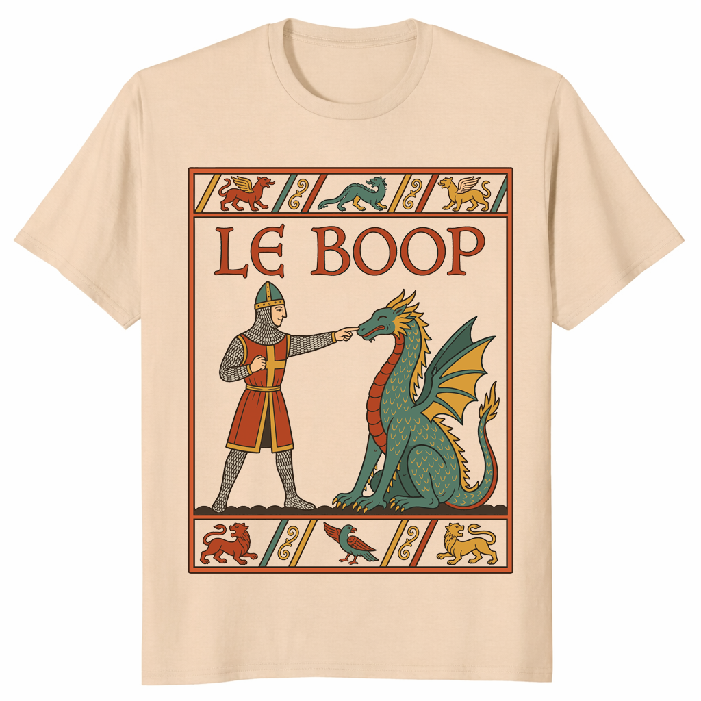 Le Boop medieval dragon knight fantasy t-shirt in sand