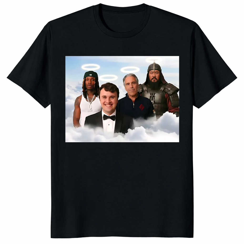 Legends in Heaven heavy tee featuring King Von Charlie Kirk Genghis Khan and Epstein meme graphic