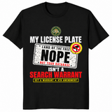 License plate search warrant shirt in black with a NOPE license plate and Get a Warrant 4th Amendment print