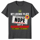 Dark heather grey license plate search warrant shirt, flat-lay front view