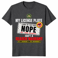 Dark heather grey license plate search warrant shirt, flat-lay front view