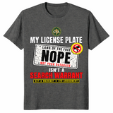Dark heather license plate search warrant shirt with red and white anti-surveillance slogan