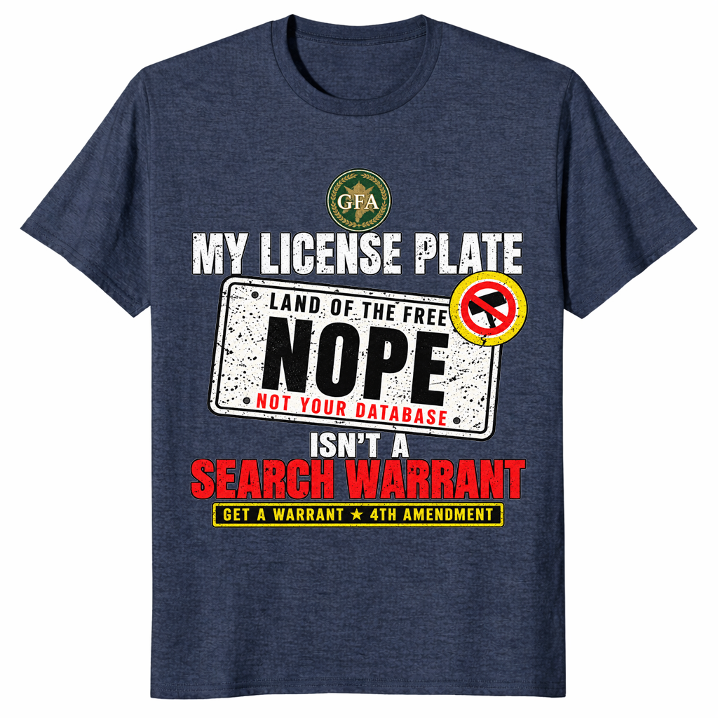 Heather navy privacy rights tee with NOPE plate and Not Your Database text