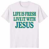 Life is fresh shirt in ice grey with green Live It With Jesus Christian text