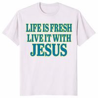 Life is fresh shirt in ice grey with green Live It With Jesus Christian text