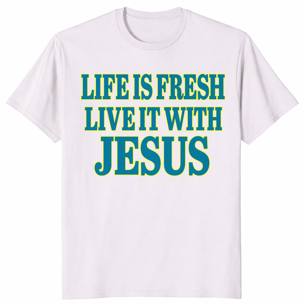 Life is fresh shirt in ice grey with green Live It With Jesus Christian text