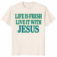 Life is fresh shirt in natural with green Live It With Jesus Christian text
