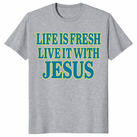 Life is fresh shirt in sport grey with green Live It With Jesus Christian text