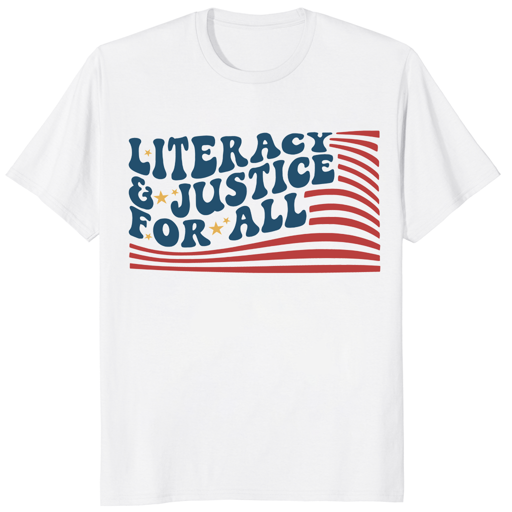 Literacy and Justice For All Reading Teacher Shirt | Book Tee | Cuccico