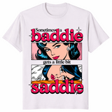 Little bit saddie shirt in ice grey, pop art baddie and crying saddie panels