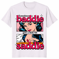 Little bit saddie shirt in ice grey, pop art baddie and crying saddie panels