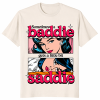 Little bit saddie shirt in natural, pop art baddie and crying saddie panels