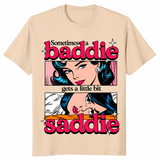 Little bit saddie shirt in sand, pop art baddie and crying saddie panels