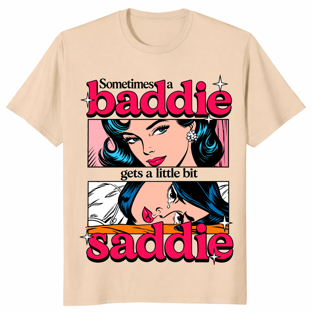 Little bit saddie shirt in sand, pop art baddie and crying saddie panels