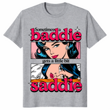 Little bit saddie shirt in sport grey, pop art baddie and crying saddie panels