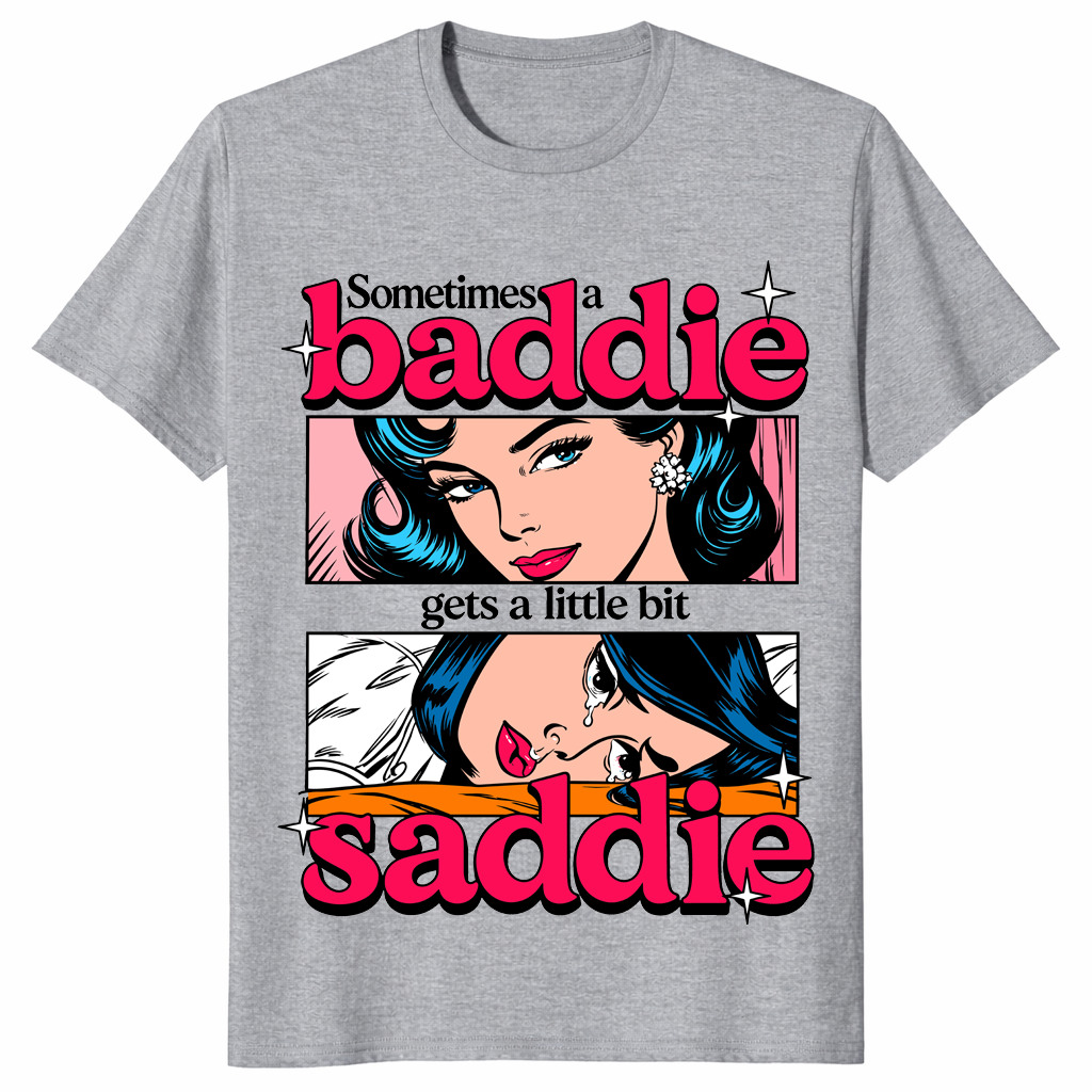 Little bit saddie shirt in sport grey, pop art baddie and crying saddie panels