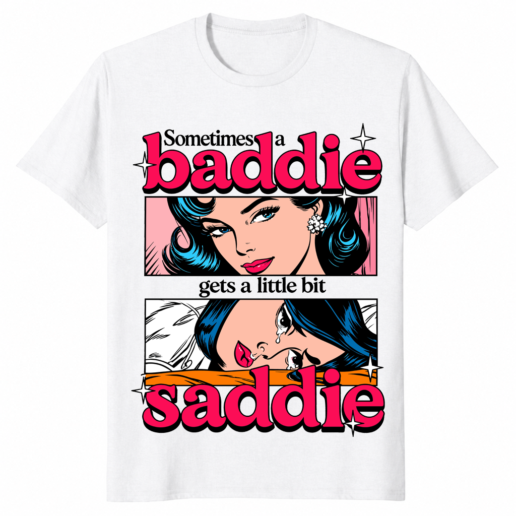 Little bit saddie shirt in white, pop art baddie and crying saddie panels