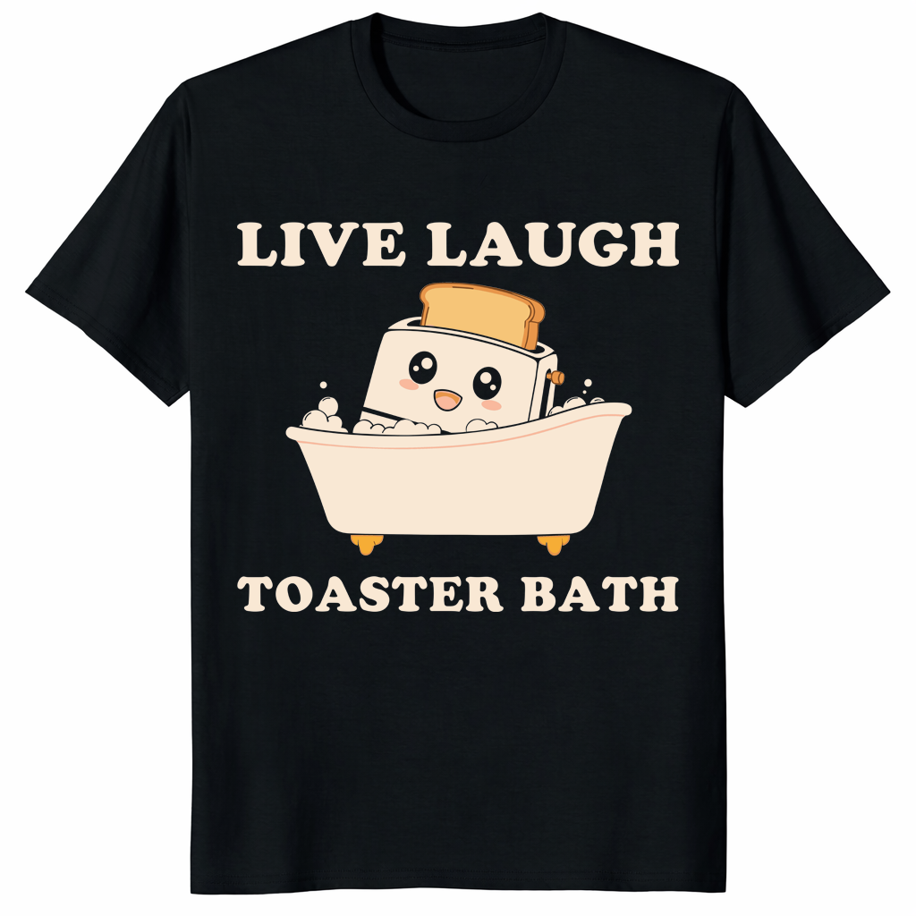 Live Laugh Toaster Bath shirt with cute toaster bathtub graphic on black tee