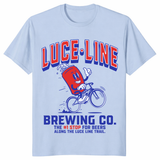 Luce Line Brewing Co bike beer shirt in light blue with Luce Line Trail graphic