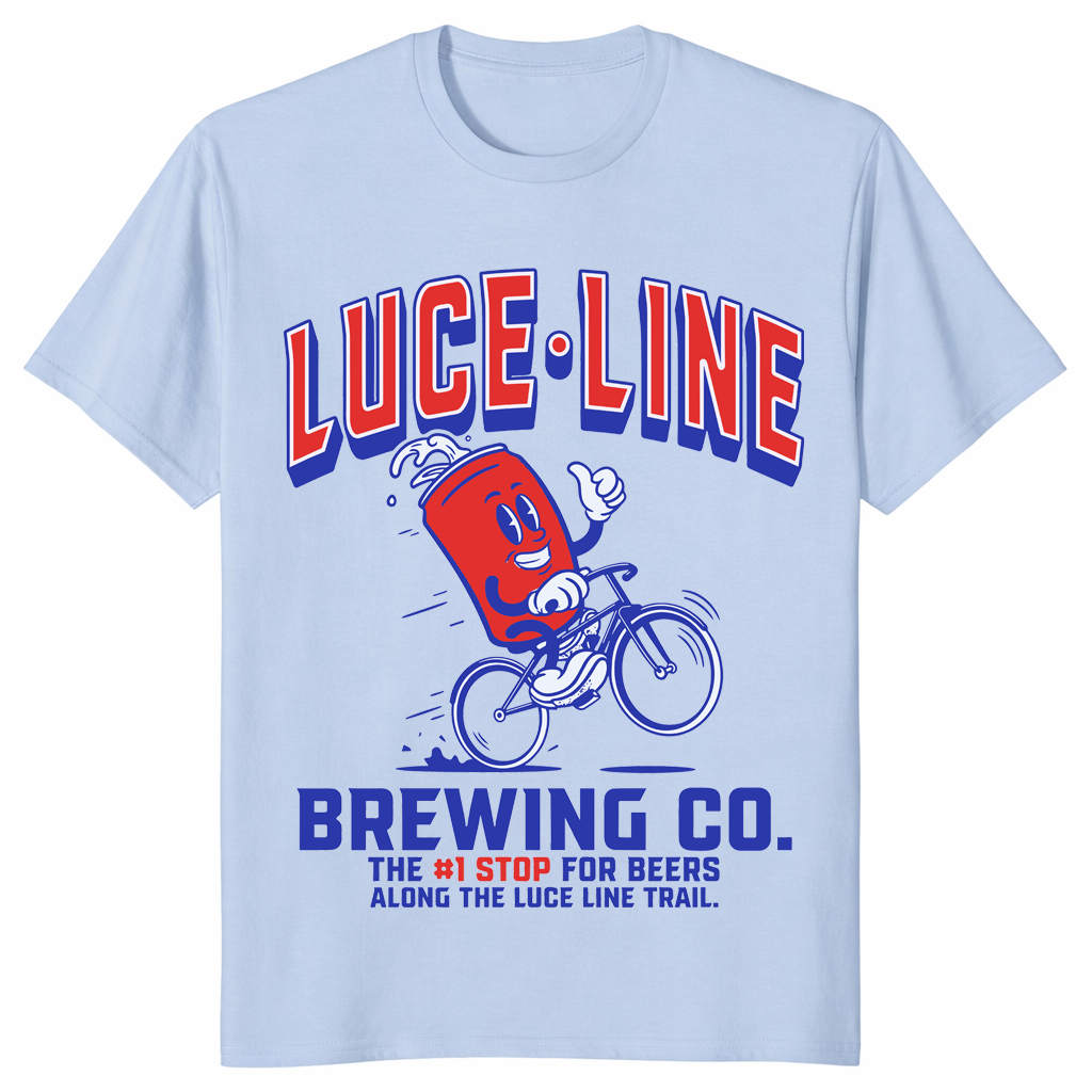 Luce Line Brewing Co bike beer shirt in light blue with Luce Line Trail graphic