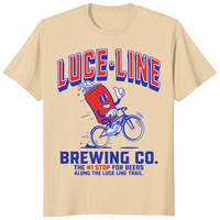 Luce Line Brewing Co shirt in sand with retro Luce Line Trail brewery bike design
