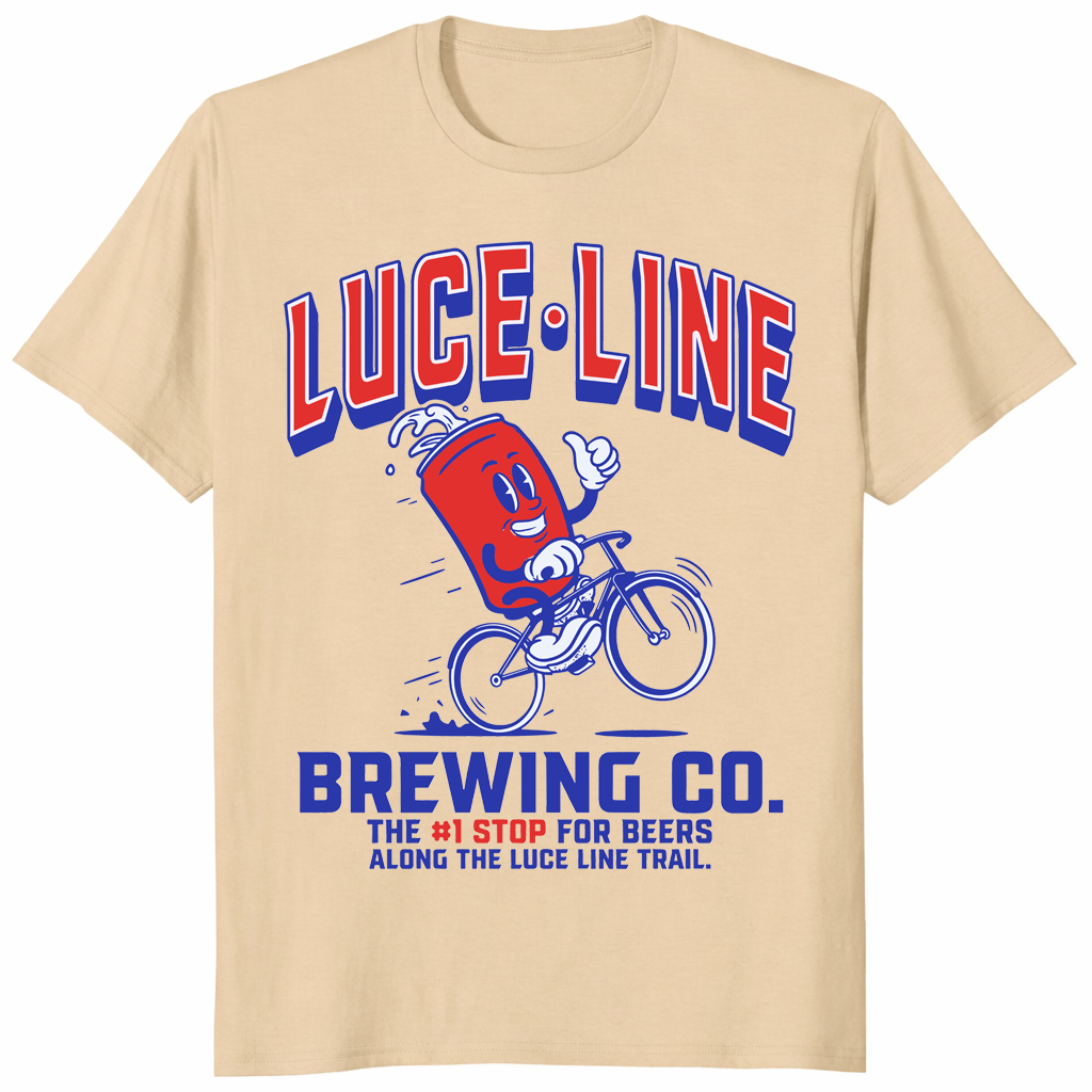 Luce Line Brewing Co shirt in sand with retro Luce Line Trail brewery bike design