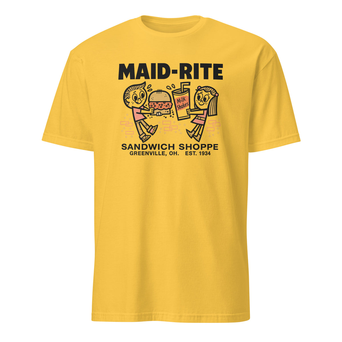 Maid-Rite retro diner tee in daisy yellow by Cuccico, Greenville Ohio retro shirt
