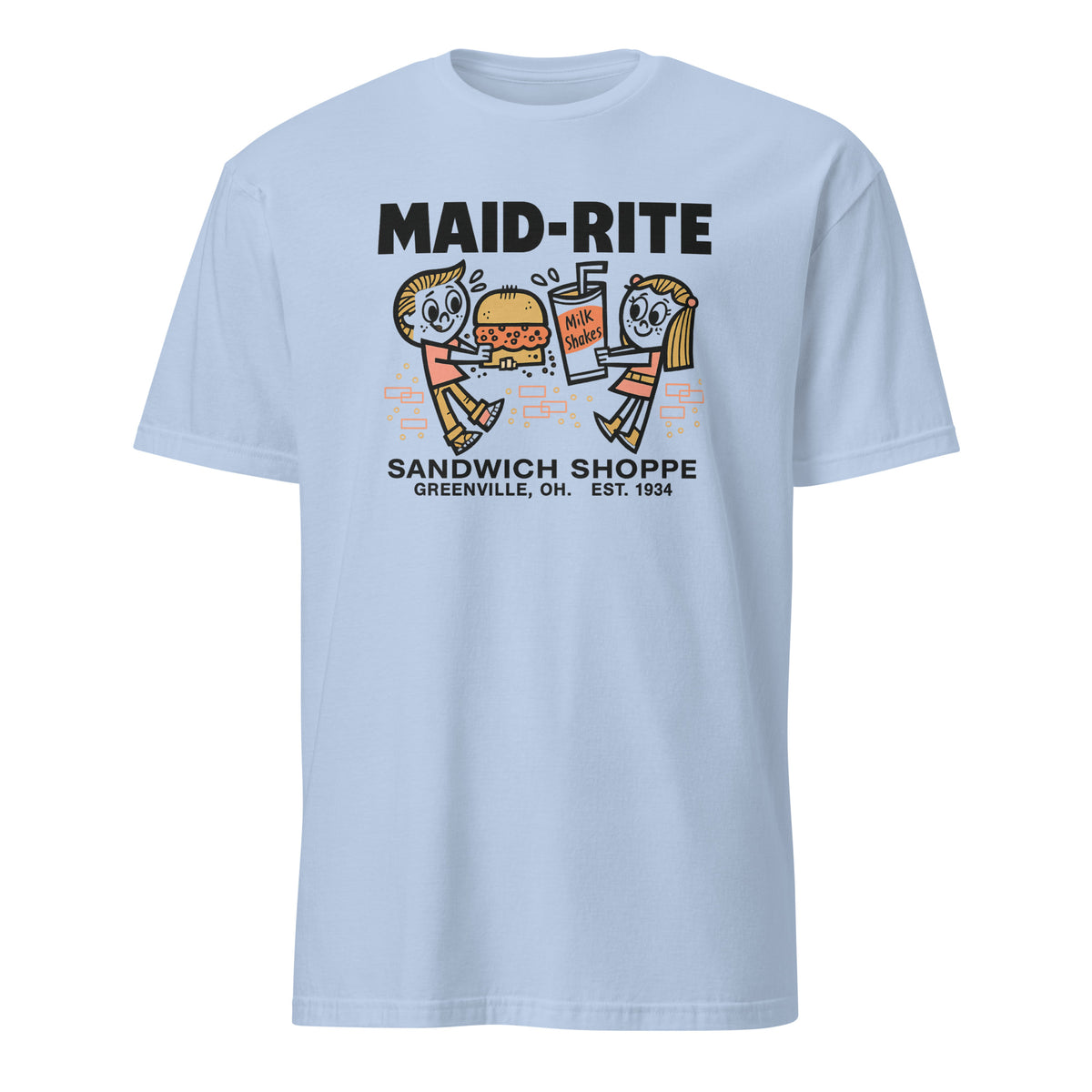 Maid-Rite retro diner tee in light blue by Cuccico, nostalgic diner heritage shirt