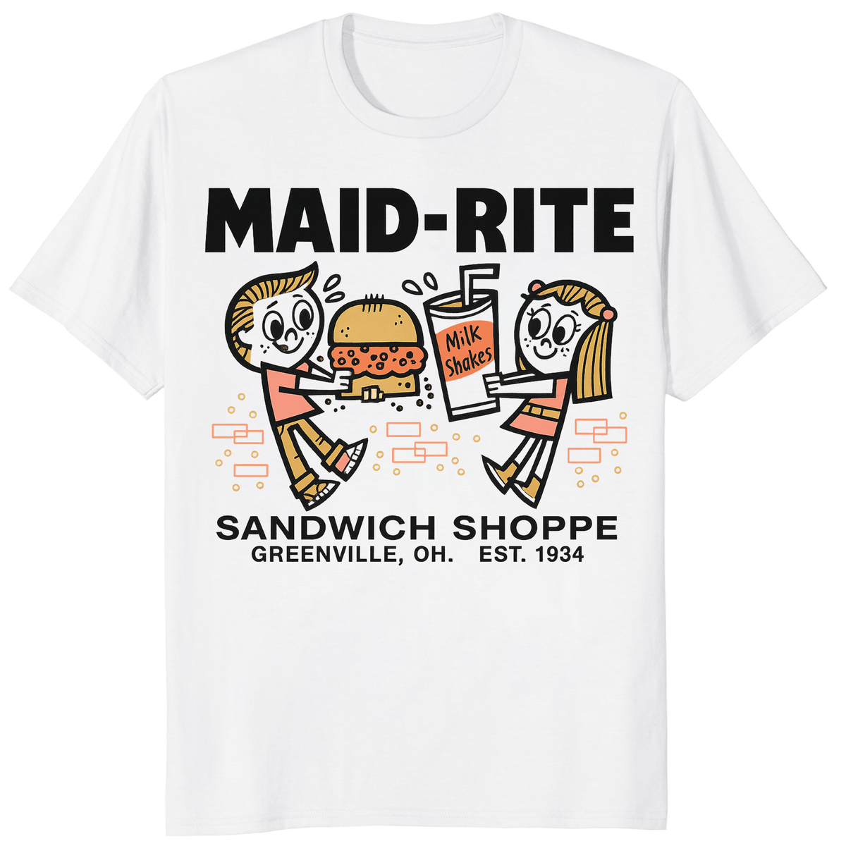 Maid-Rite retro diner tee in white by Cuccico, Greenville Ohio heritage shirt