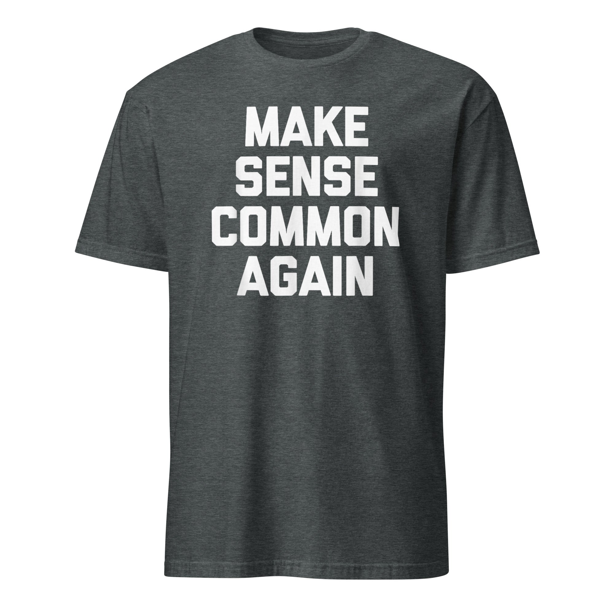 Make Sense Common Again parody tee in dark heather by Cuccic