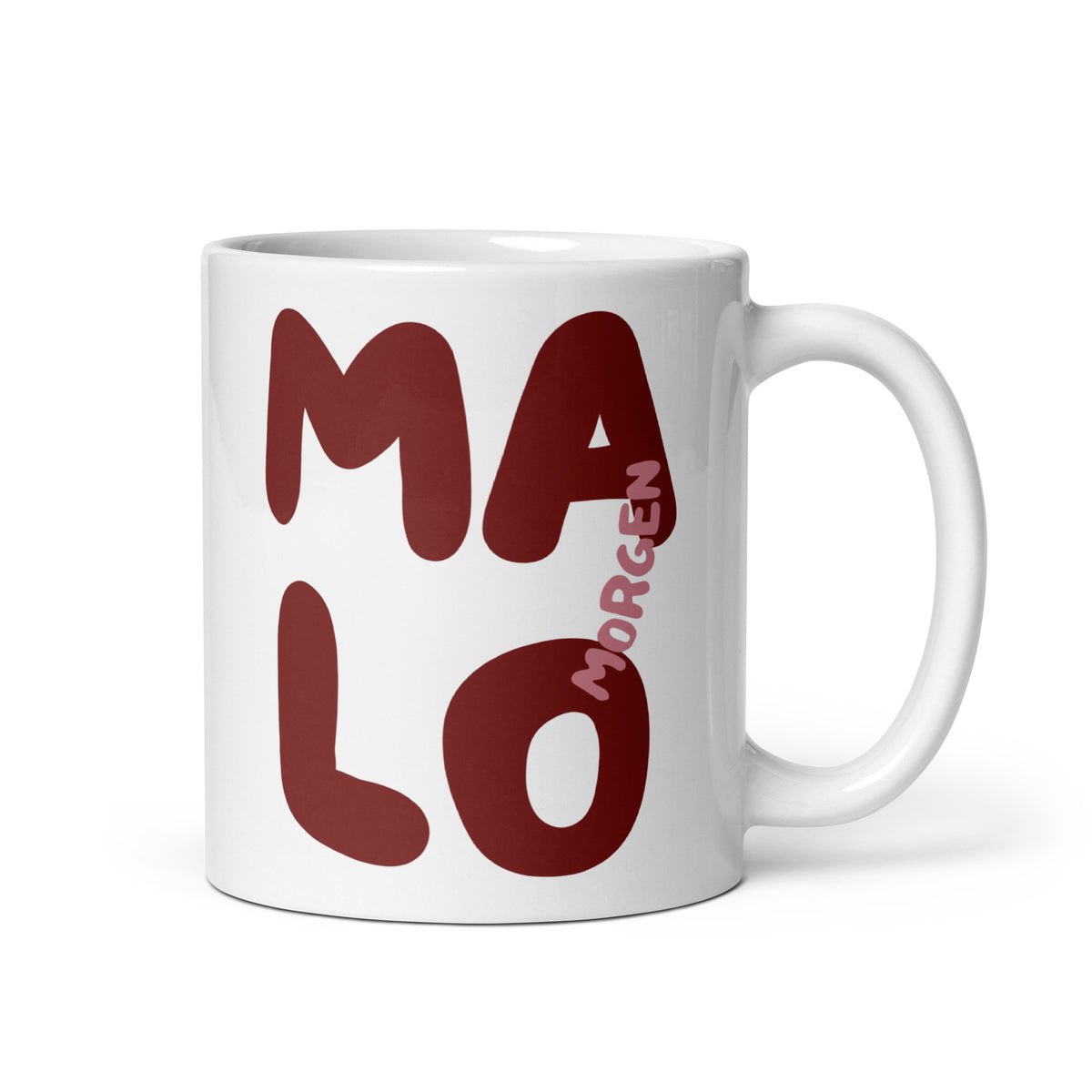 Malo Morgen Balkan coffee mug with bold minimalist red text design