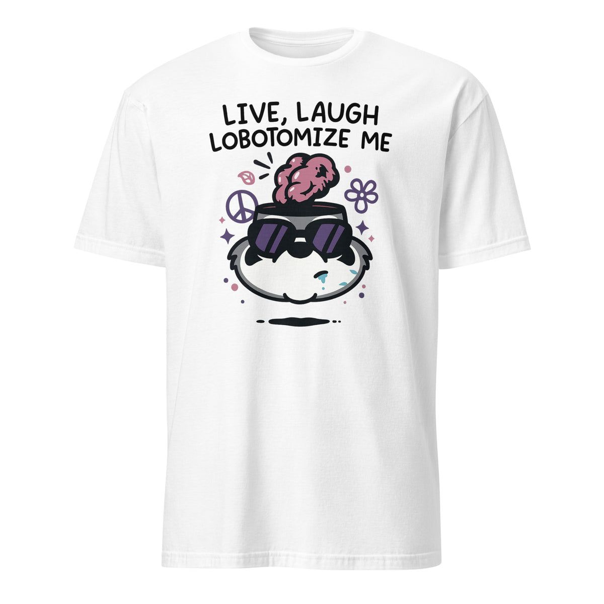 Cuccico Mandatoryfunday Live Laugh Lobotomy 2025 Shirt in White, funny dark humor graphic tee
